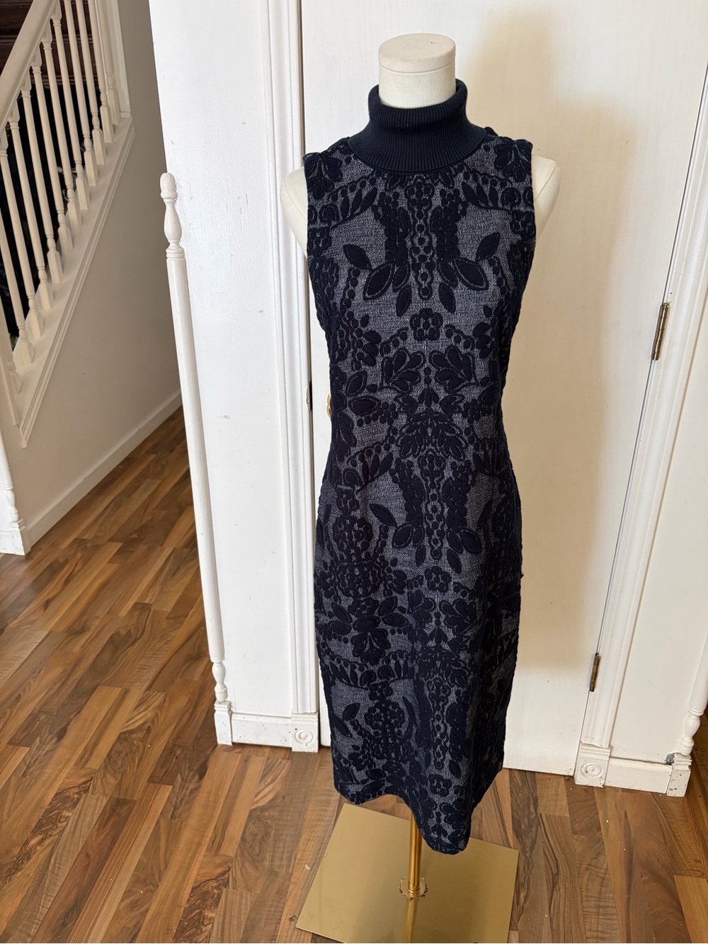 Maeve Anthropologie Navy & Gray Sleeveless Turtleneck Floral Midi Dress, 8
